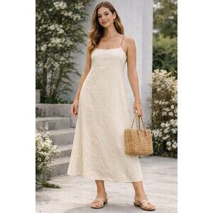 Banana Republic Linen Blend Cream Slip Dress Contrast Stitching Women’s Size 6